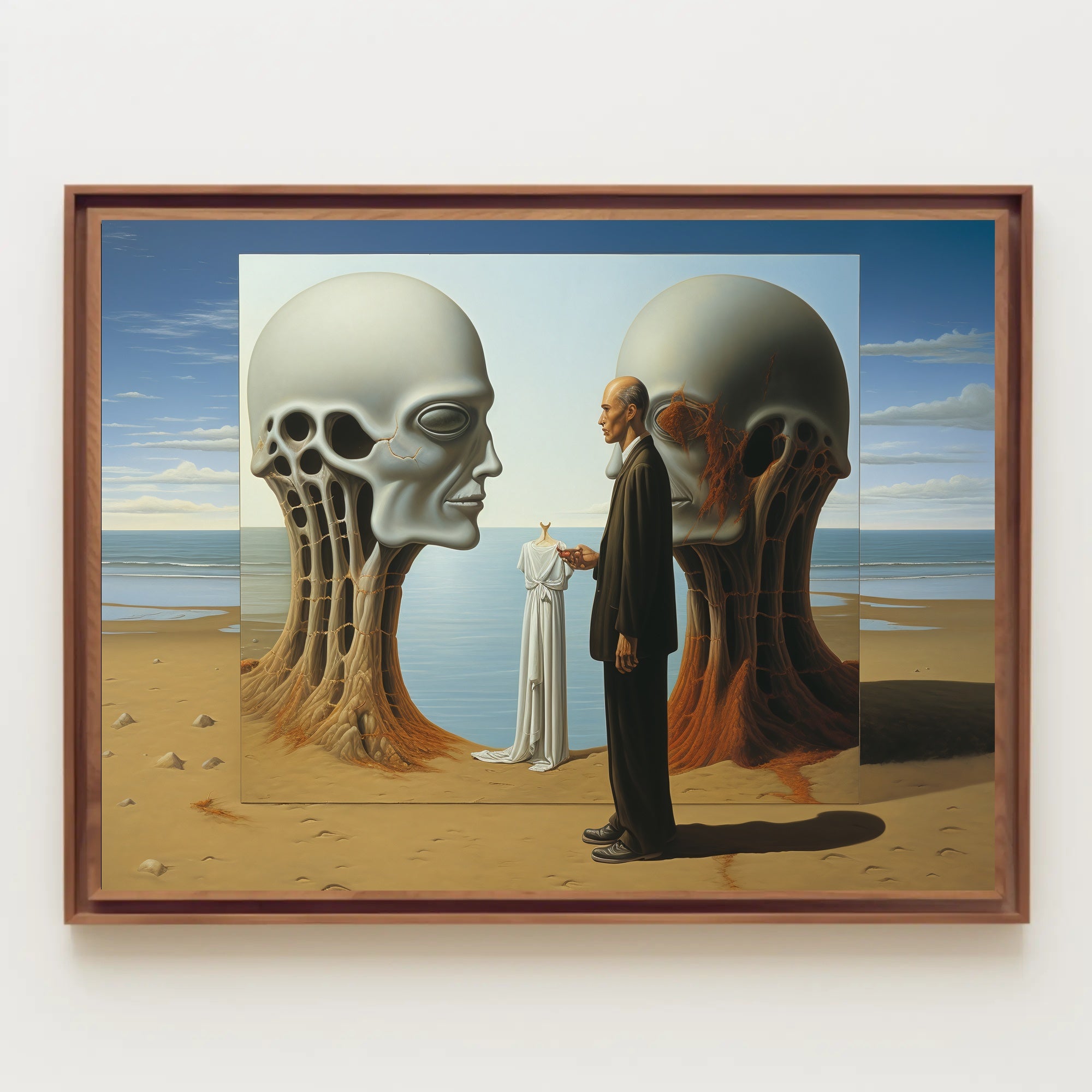 Surreal Beach Scene with Skeletal Structures Artistic Poster