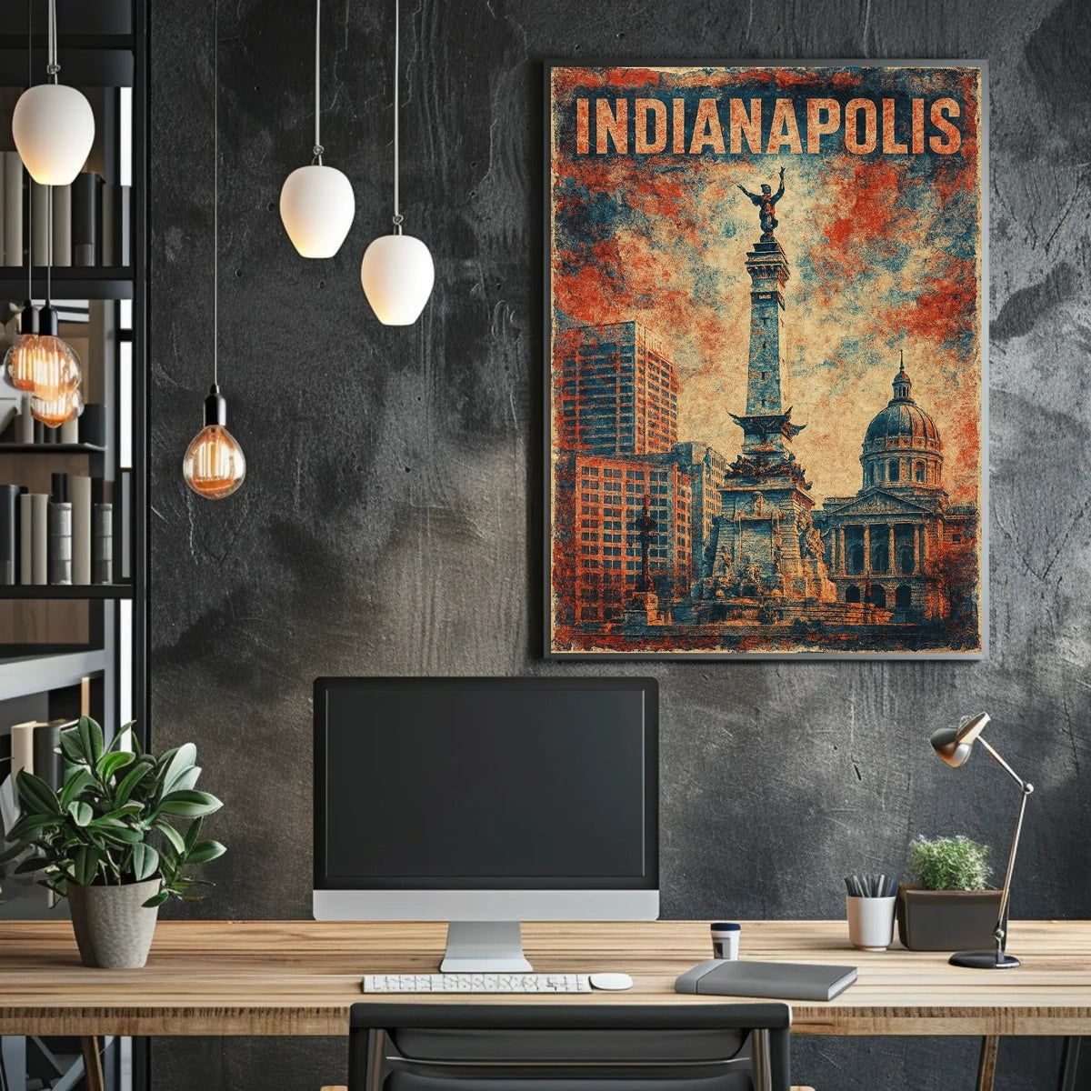 Indianapolis Skyline Art Cityscape Digital Painting Photography Realism Wanderlust Decor Poster