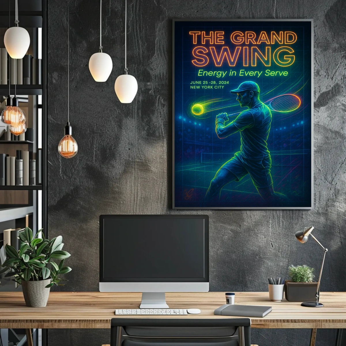 The Grand Swing Neon Tennis Event Poster Retro Wall Art