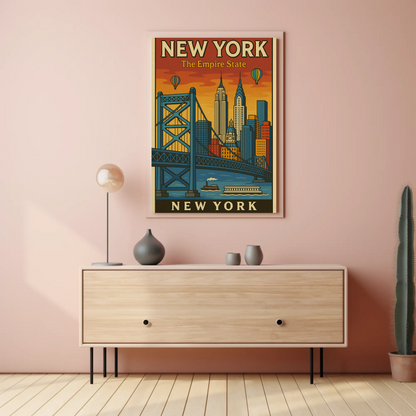 New York Empire State Skyline Bridge Vintage Poster