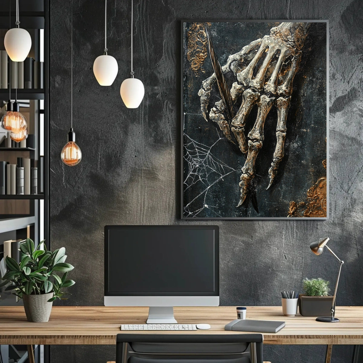 Skeletal Quill Artistic Poster Captures Creativity and Mortality