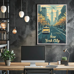New York City Autumn Taxi Skyline Poster Vintage Wall Art