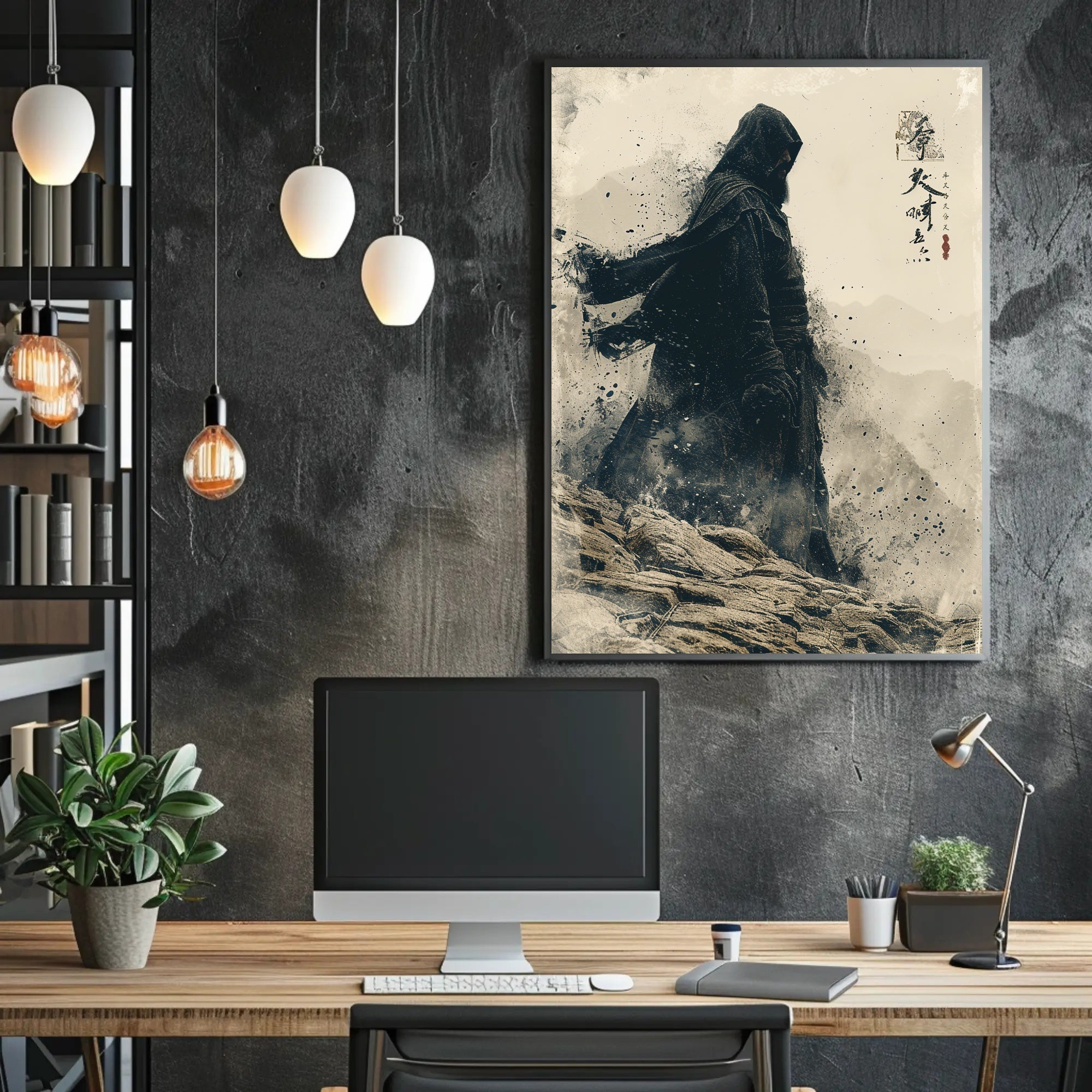 Mystical Hooded Figure in Rugged Landscape Artistic Poster PosterGoat