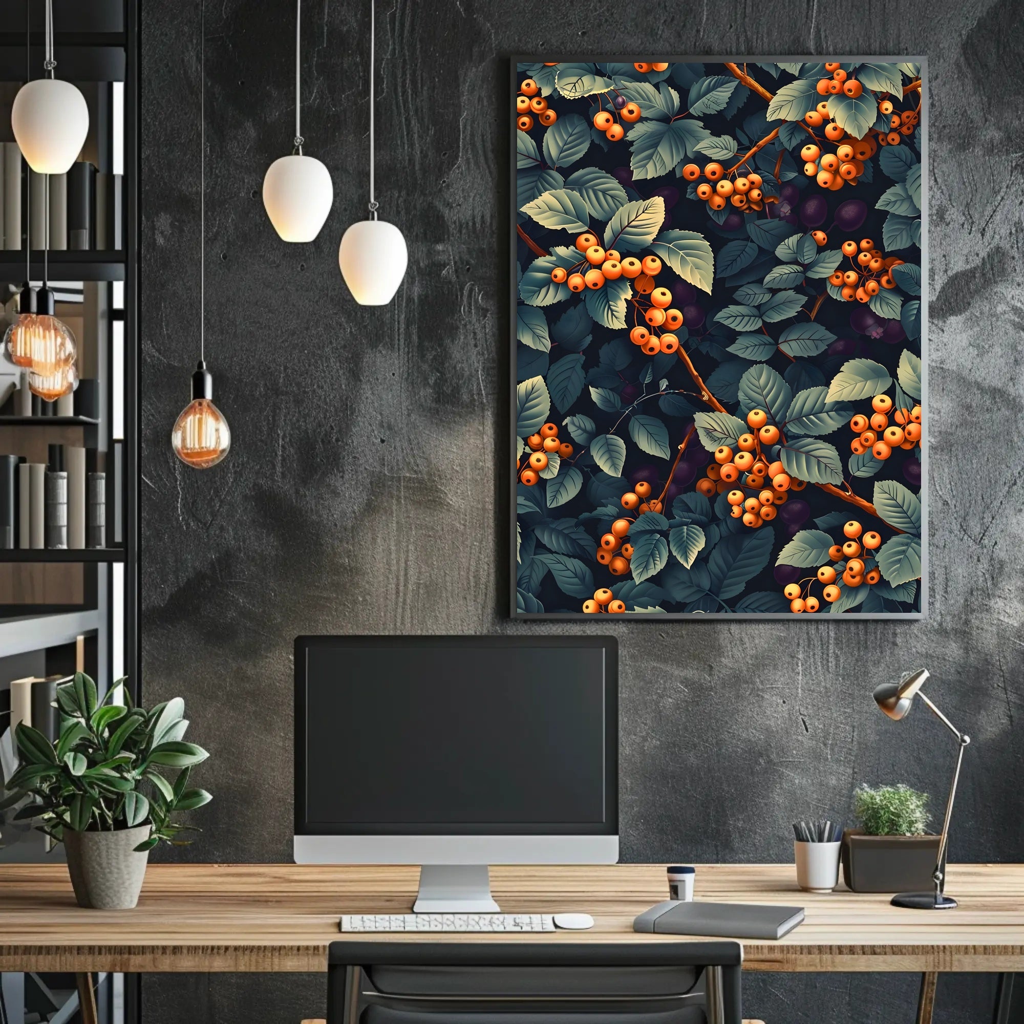 Vivid Artistic Botanical Poster with Orange Berries Illustration