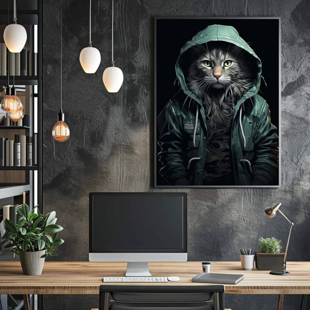Cat in Teal Jacket Photorealistic Art Poster