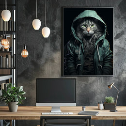 Cat in Teal Jacket Photorealistic Art Poster