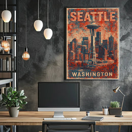 Seattle Space Needle Retro Urban Cityscape Travel Poster