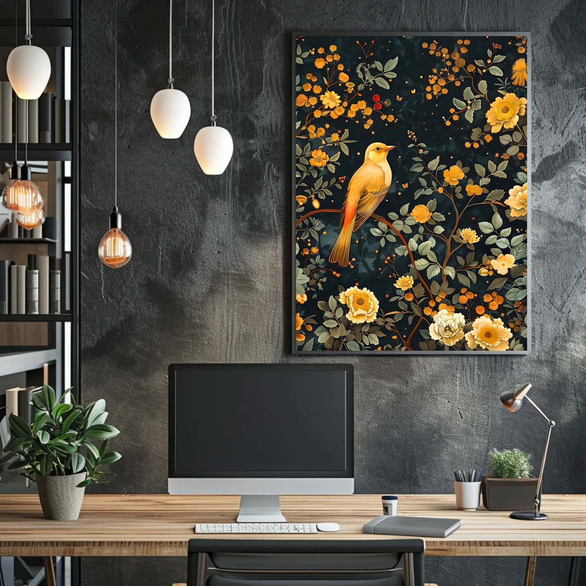 Golden Bird and Blossoms Wall Art Print