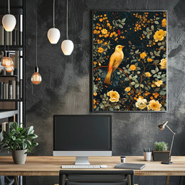 Golden Bird and Blossoms Wall Art Print