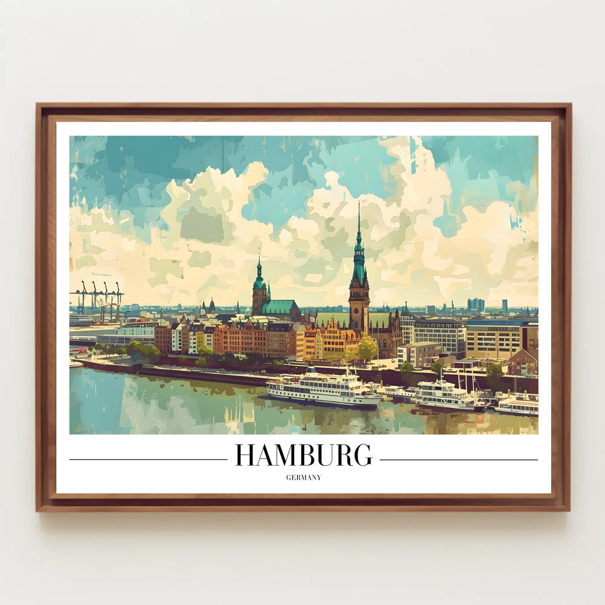 Scenic Hamburg Harbour Vibrant Illustration Urban or Cityscape Poster