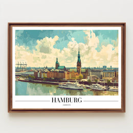 Scenic Hamburg Harbour Vibrant Illustration Urban or Cityscape Poster