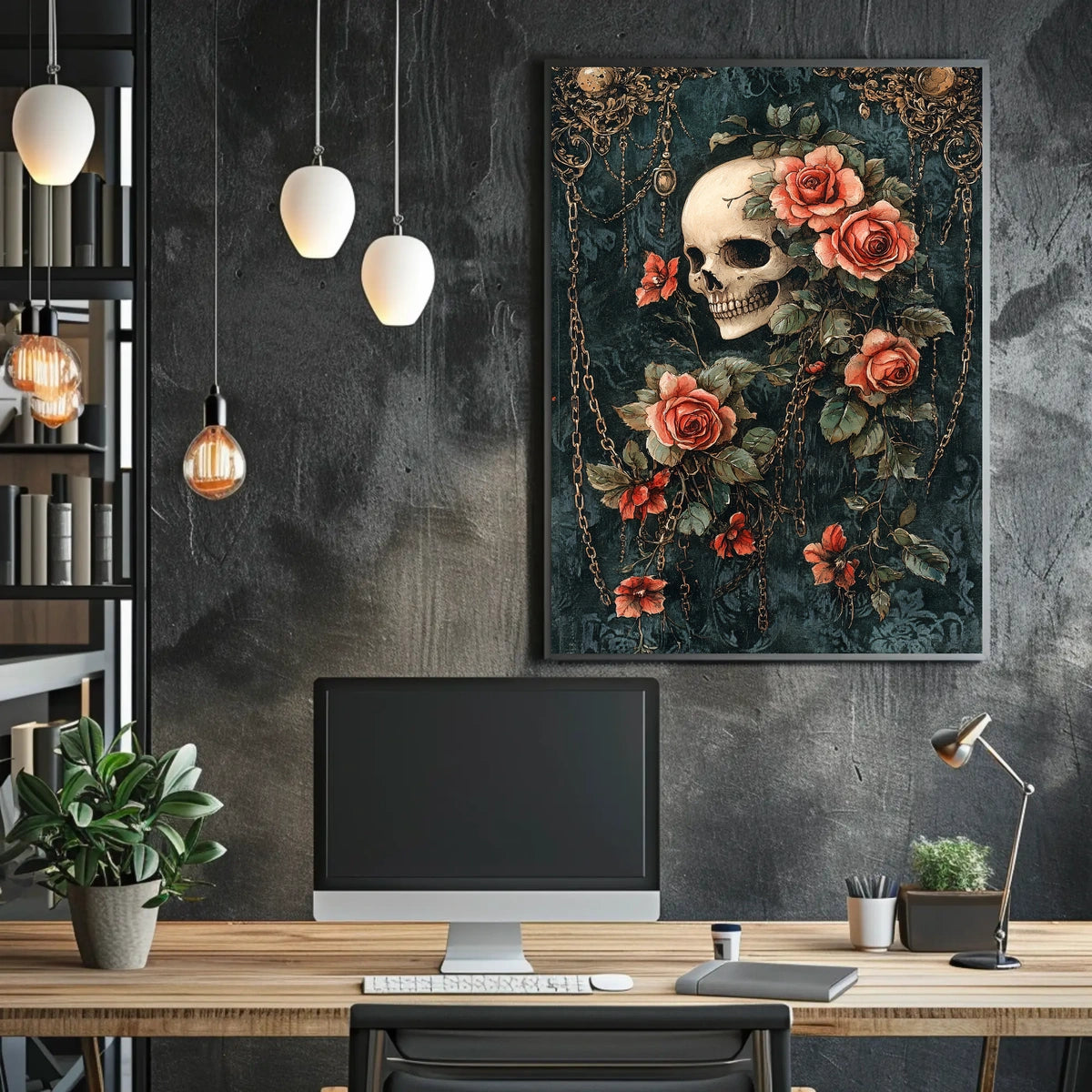 Human Skull and Roses Gothic Artistic, Pop Culture Poster