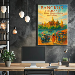 Bangkok Temple Adventure: Vibrant Travel Art Poster