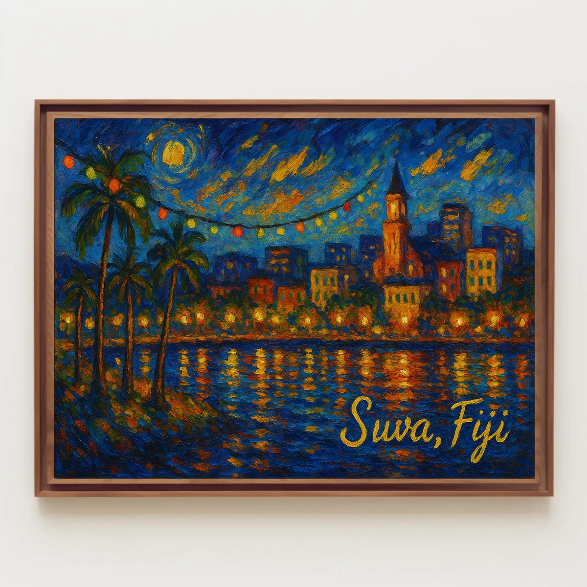 Suva Fiji Nighttime Island Cityscape Impressionism Digital Painting Wanderlust Decor Poster