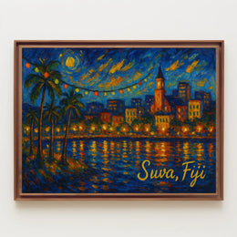Suva Fiji Nighttime Island Cityscape Impressionism Digital Painting Wanderlust Decor Poster