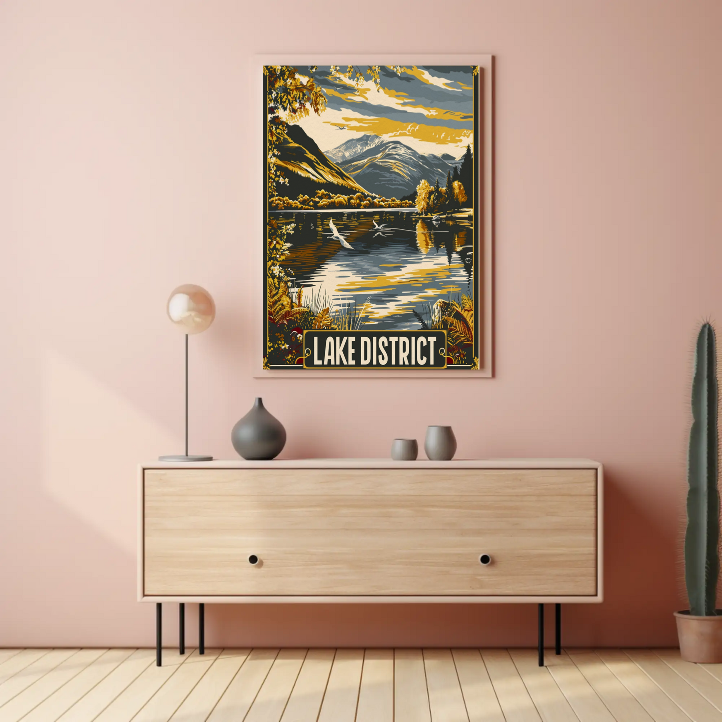 Lake District Golden Mountains Waterfowl Scene Travel Poster