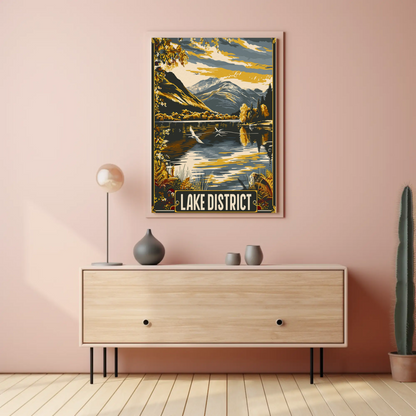 Lake District Golden Mountains Waterfowl Scene Travel Poster
