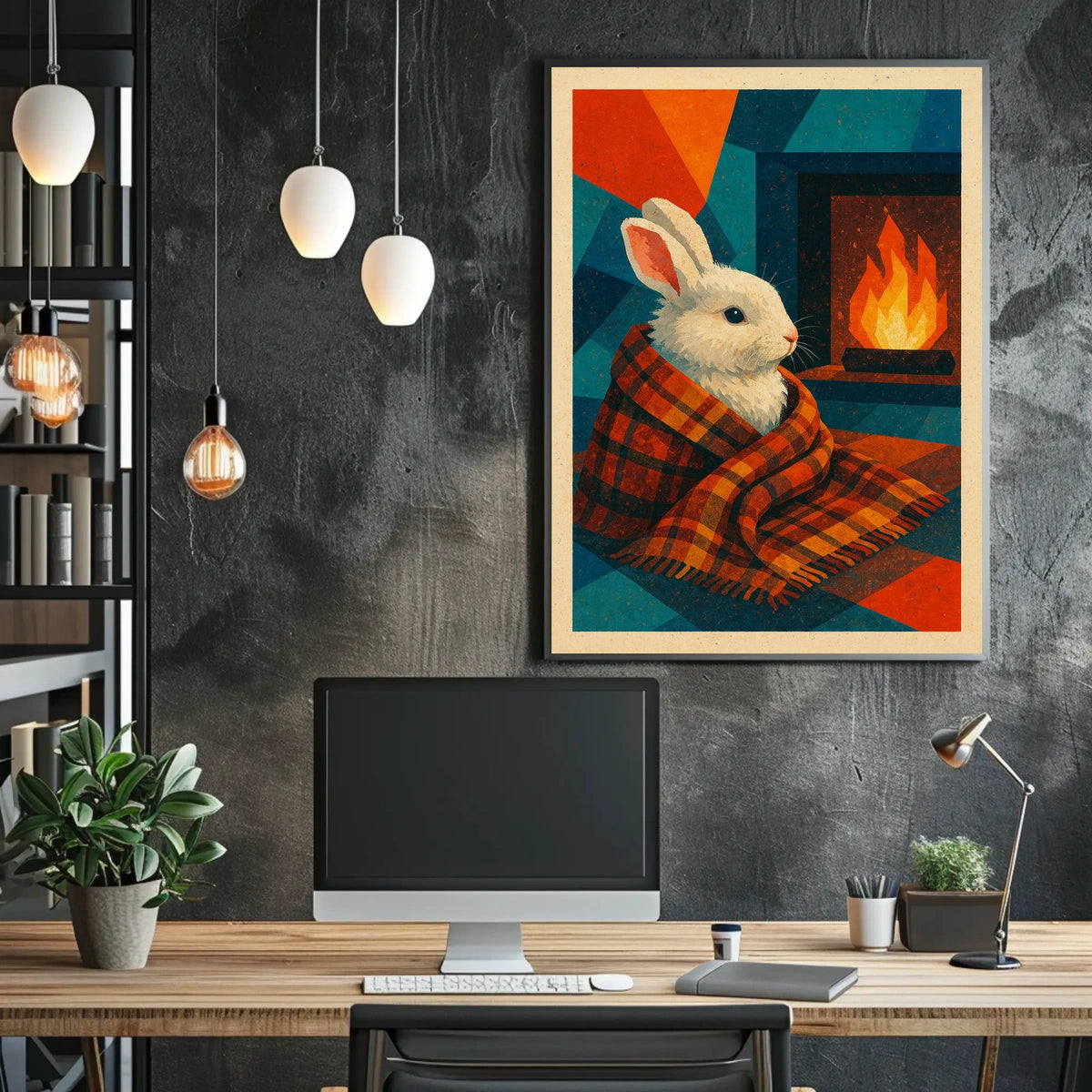Cozy Rabbit by the Fireplace Poster