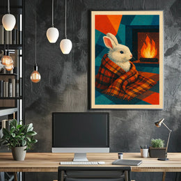 Cozy Rabbit by the Fireplace Poster