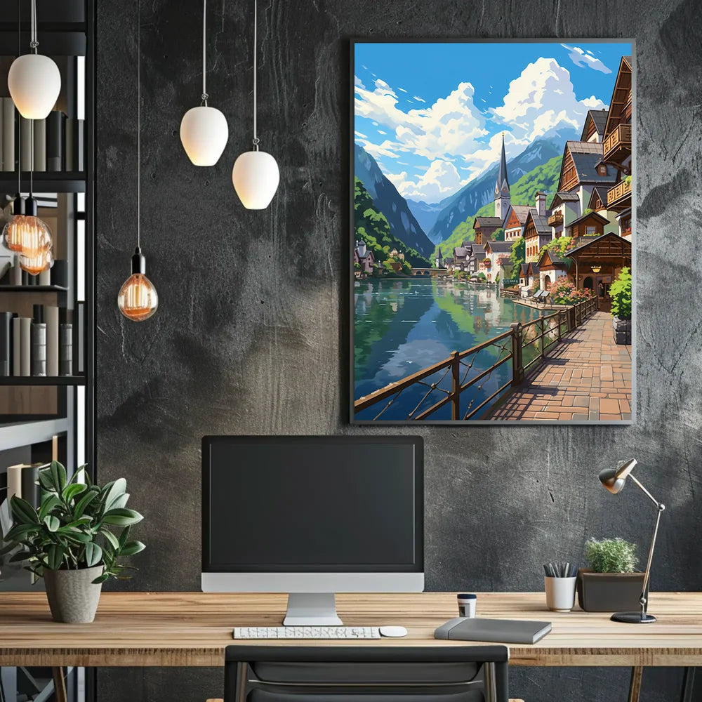 Picturesque European Lakeside Village Art Poster