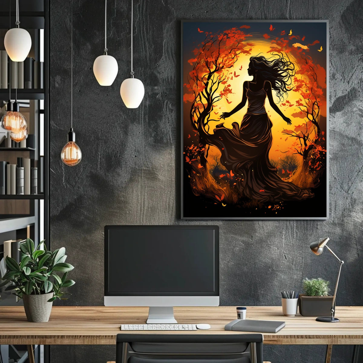 Autumn Dance: Silhouetted Woman in Vibrant Landscape
