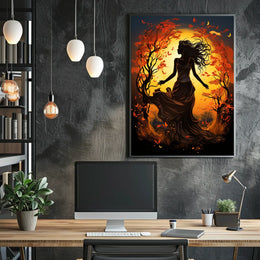 Autumn Dance: Silhouetted Woman in Vibrant Landscape