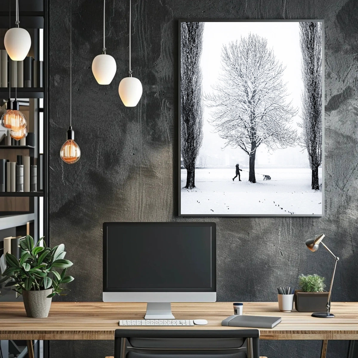 Winter Serenity: Dog Walker in Snowy Landscape