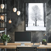 Winter Serenity: Dog Walker in Snowy Landscape