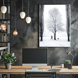 Winter Serenity: Dog Walker in Snowy Landscape