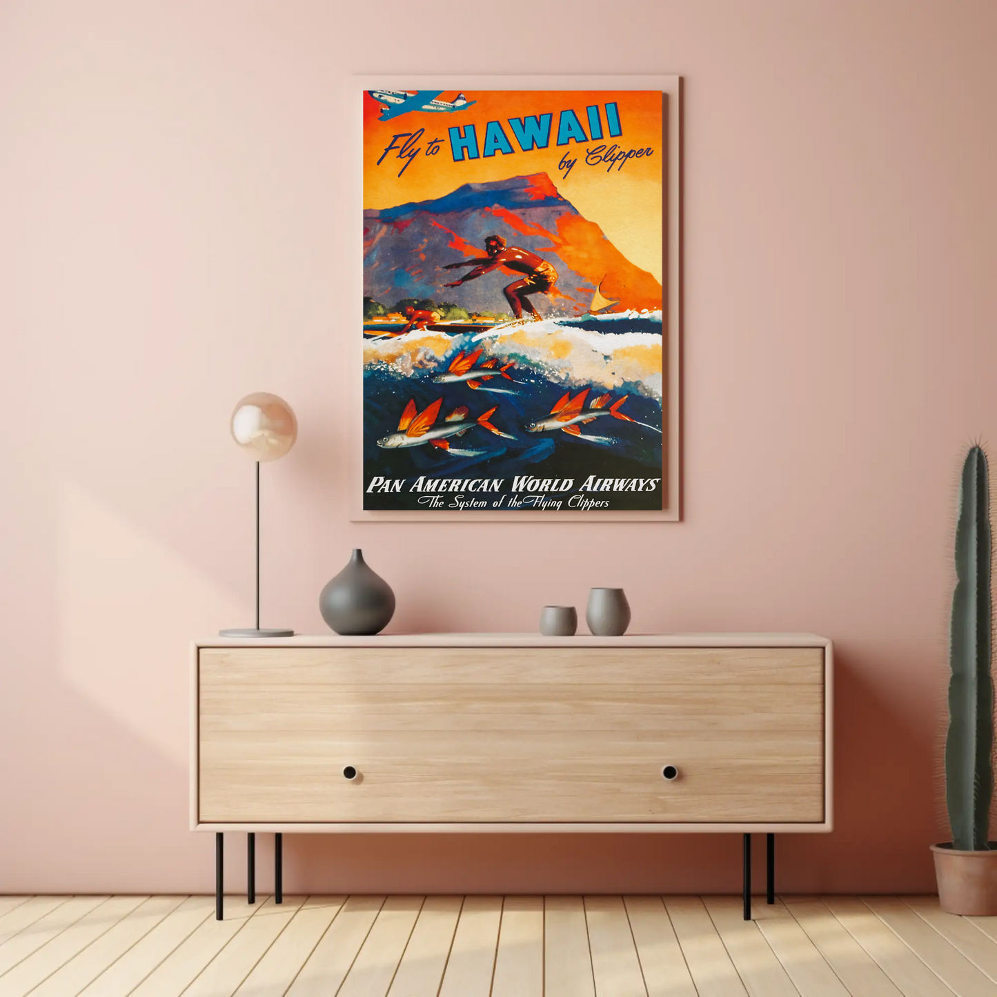 Fly To Hawaii Clipper Surfer Vintage Travel Poster