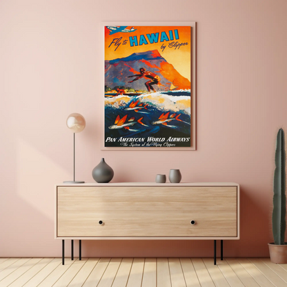 Fly To Hawaii Clipper Surfer Vintage Travel Poster