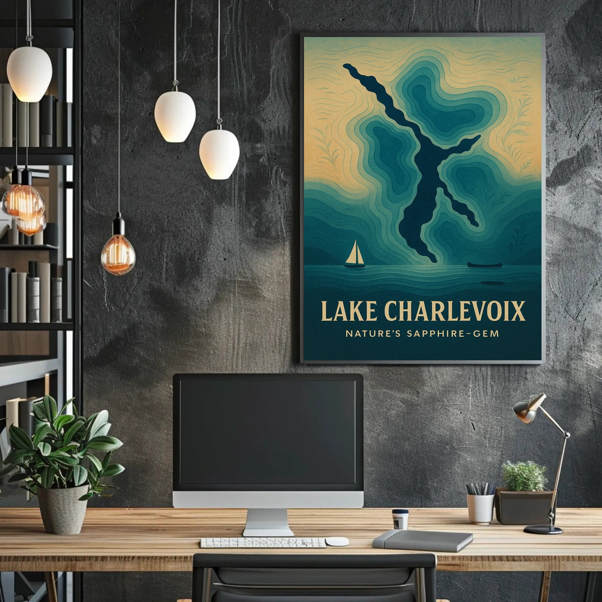 Lake Charlevoix: Sapphire-Gem Abstract Map Travel Poster