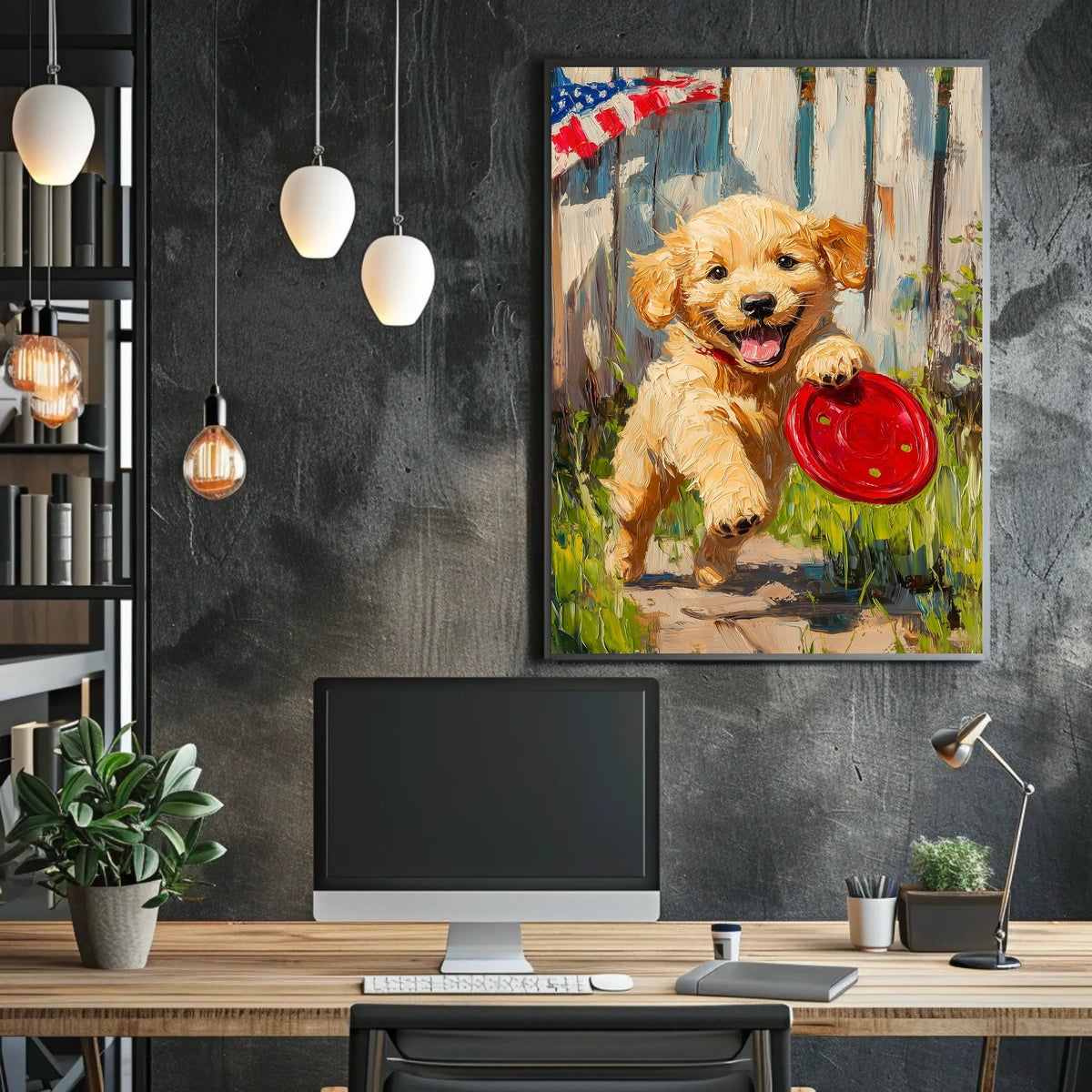 Golden Retriever Puppy Running With Red Frisbee Poster