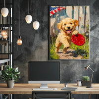 Golden Retriever Puppy Running With Red Frisbee Poster