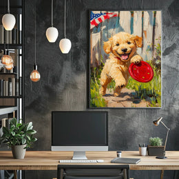 Golden Retriever Puppy Running With Red Frisbee Poster