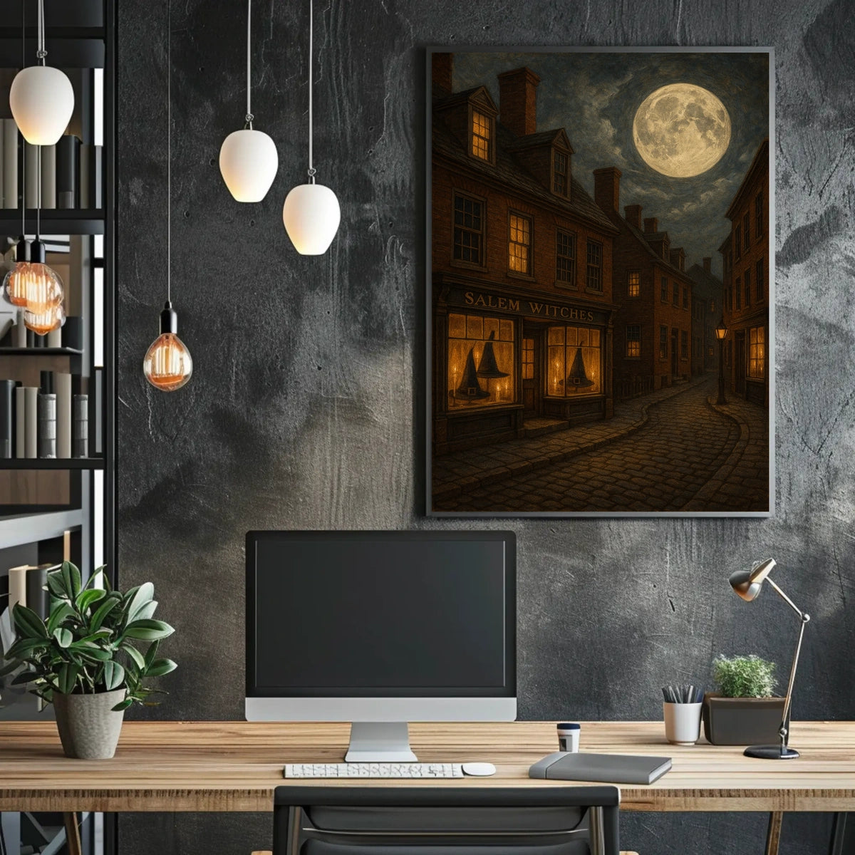 Salem Witchcraft Vintage Gothic Street Art Atmosphere Cobblestone Moonlit Historic Urban Collectors Poster