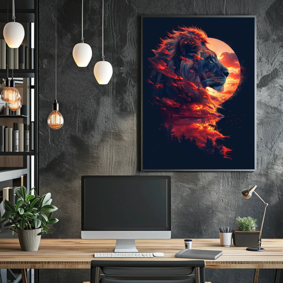 Majestic Lion Sunset Surrealism Art Poster