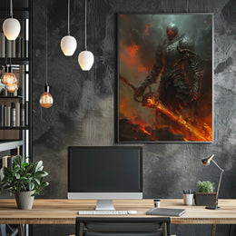 Armored Knight in Fiery Realm Fantasy or Mythology Poster PosterGoat