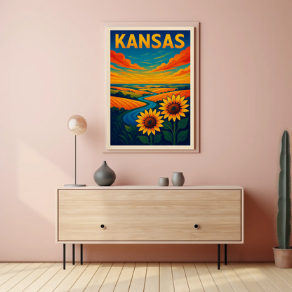 Kansas Sunflowers Prairie Horizon River Travel Poster