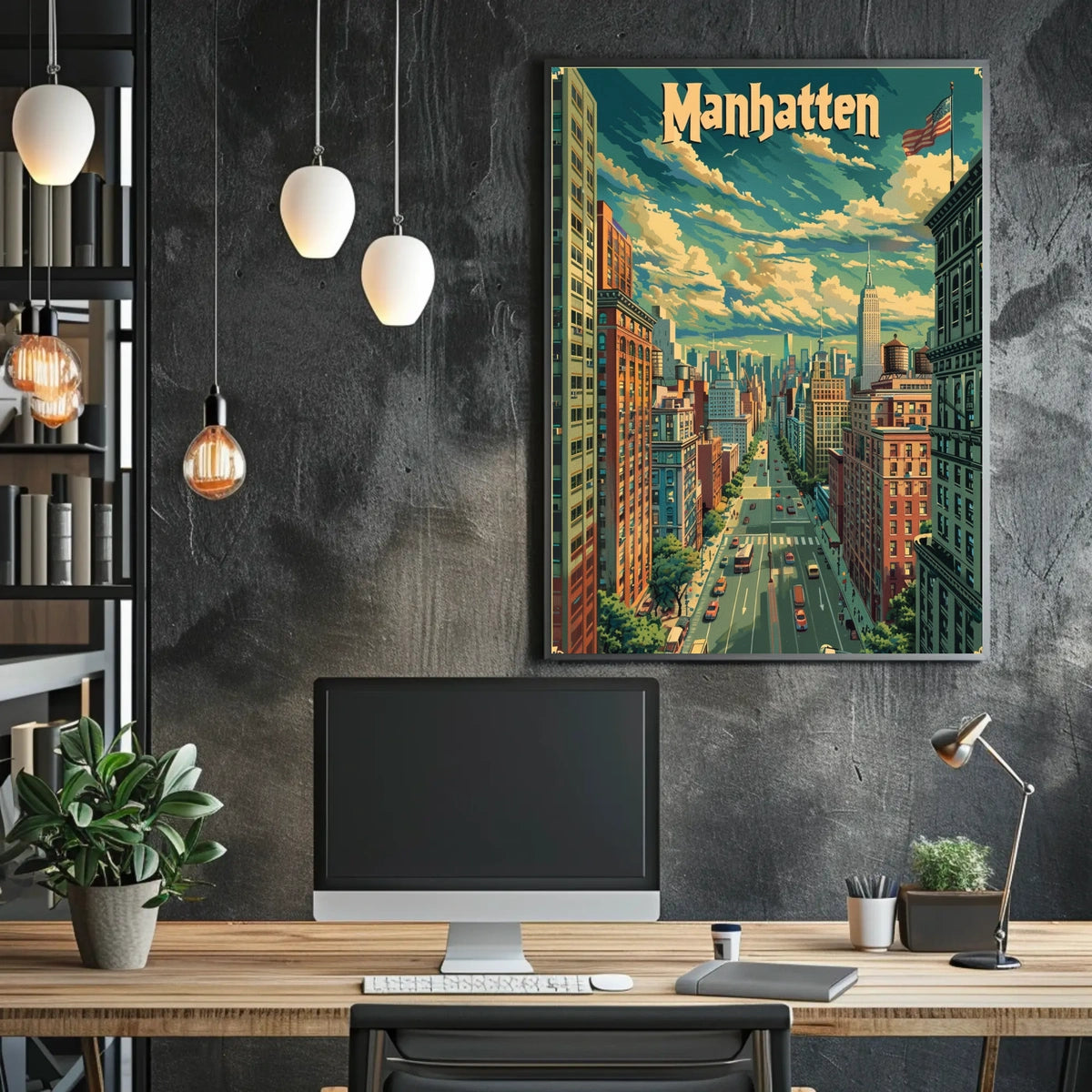 Manhattan Skyline Cityscape Poster Vintage Wall Art