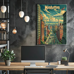 Manhattan Skyline Cityscape Poster Vintage Wall Art