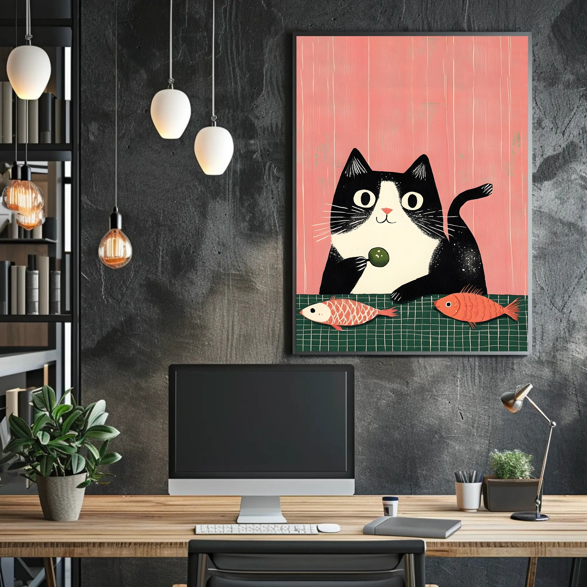Cat Poster Whimsical Cat And Fish Wall Art Print