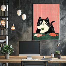 Cat Poster Whimsical Cat And Fish Wall Art Print