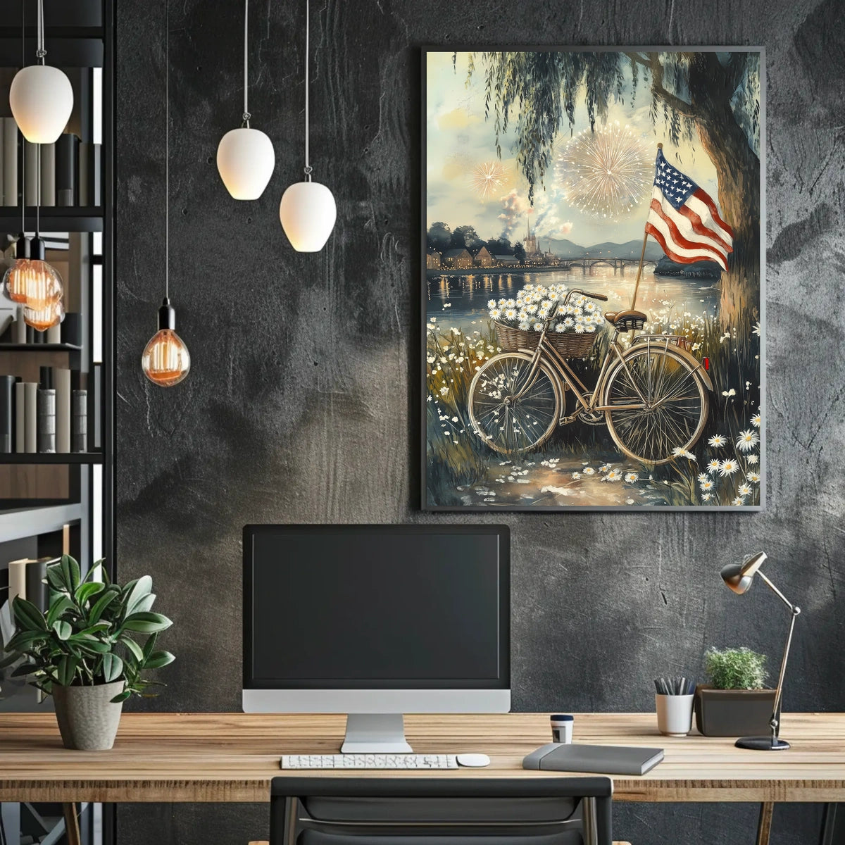 Vintage Sunset Bicycle Leaning Under A Willow Tree Poster