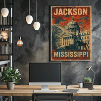 Jackson Mississippi Vintage Patriotic Architecture Capitol Building Heritage Horse Statue Eighties Typography Poster