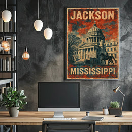 Jackson Mississippi Vintage Patriotic Architecture Capitol Building Heritage Horse Statue Eighties Typography Poster