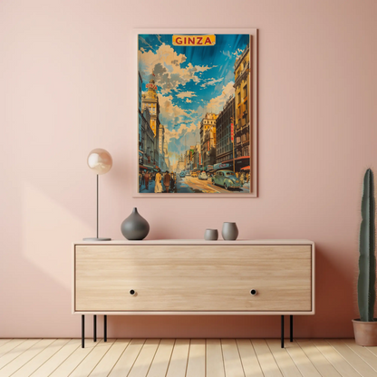 Ginza Tokyo Vintage Crowd Skyline Travel Poster