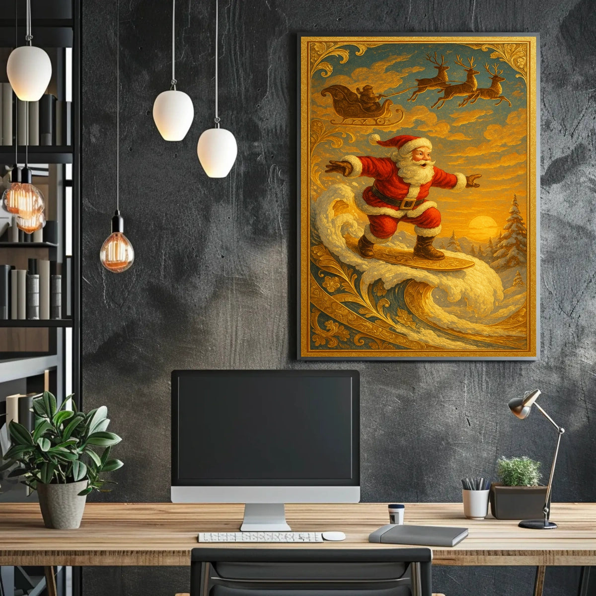 Santa Claus Surfing Vintage Christmas Poster