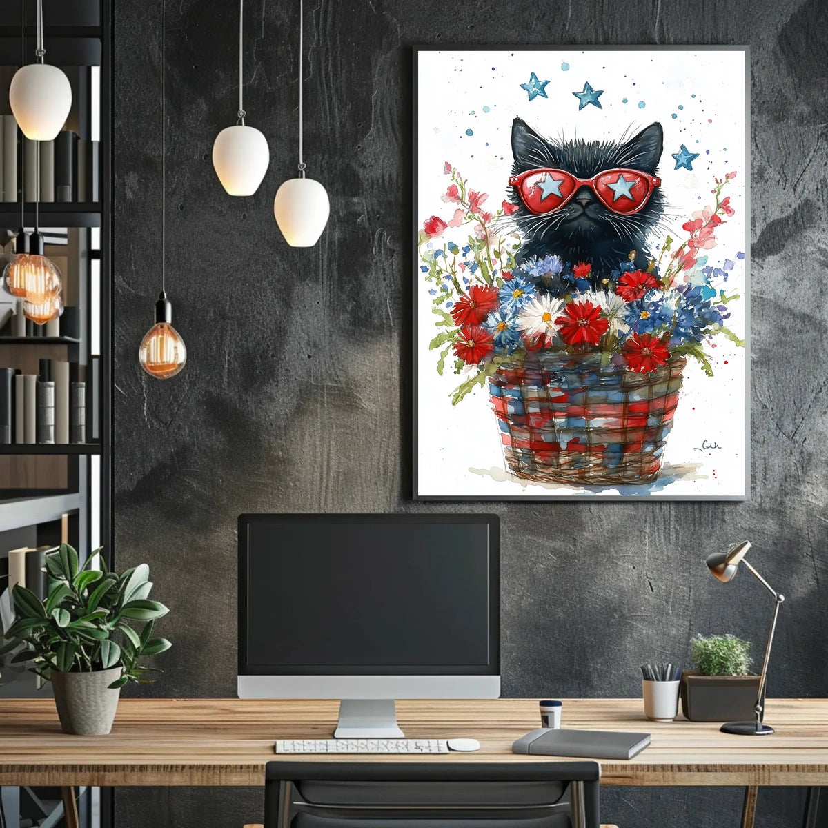 Black Cat With Star Sunglasses In Floral Basket Poster