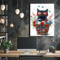 Black Cat With Star Sunglasses In Floral Basket Poster